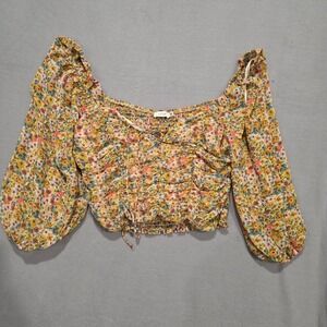 Lush Floral Smocked Crop Top Yellow Pink Ruched Front Balloon Sleeve Blouse L